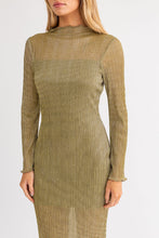 Load image into Gallery viewer, Lavi Sheer Panel Lettuce Hem Long Sleeve Midi Dress - Avocado Silver
