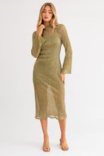 Load image into Gallery viewer, Lavi Sheer Panel Lettuce Hem Long Sleeve Midi Dress - Avocado Silver
