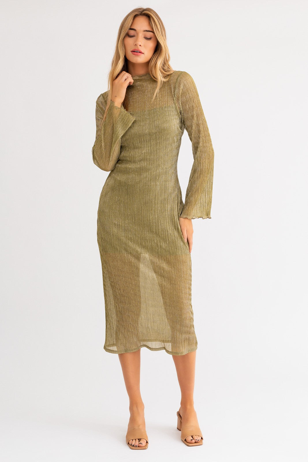 Lavi Sheer Panel Lettuce Hem Long Sleeve Midi Dress - Avocado Silver