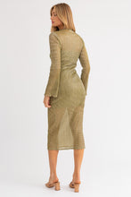 Load image into Gallery viewer, Lavi Sheer Panel Lettuce Hem Long Sleeve Midi Dress - Avocado Silver
