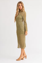 Load image into Gallery viewer, Lavi Sheer Panel Lettuce Hem Long Sleeve Midi Dress - Avocado Silver
