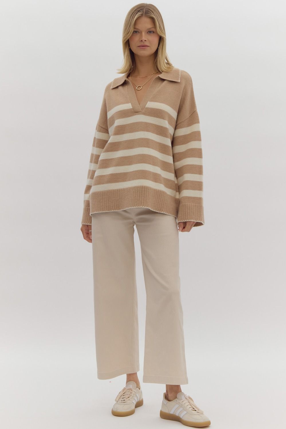 Layla Collared Stripe Long Sleeve V-Neck Contrast Trim Knit Sweater - Taupe