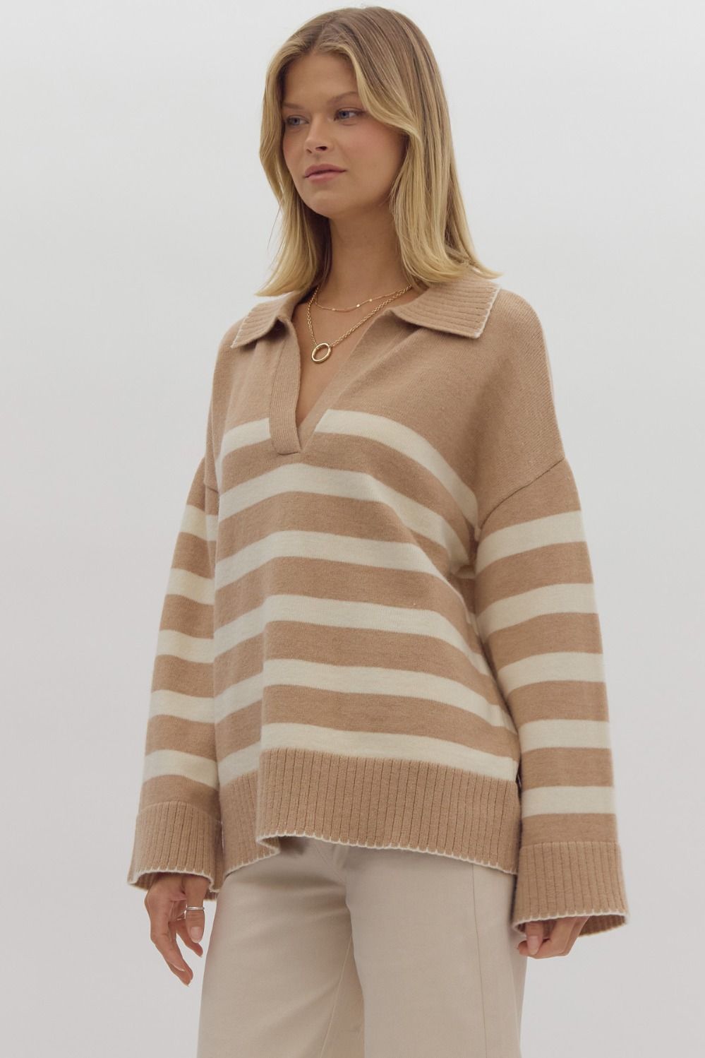 Layla Collared Stripe Long Sleeve V-Neck Contrast Trim Knit Sweater - Taupe