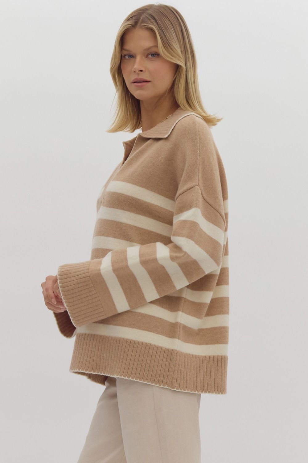 Layla Collared Stripe Long Sleeve V-Neck Contrast Trim Knit Sweater - Taupe
