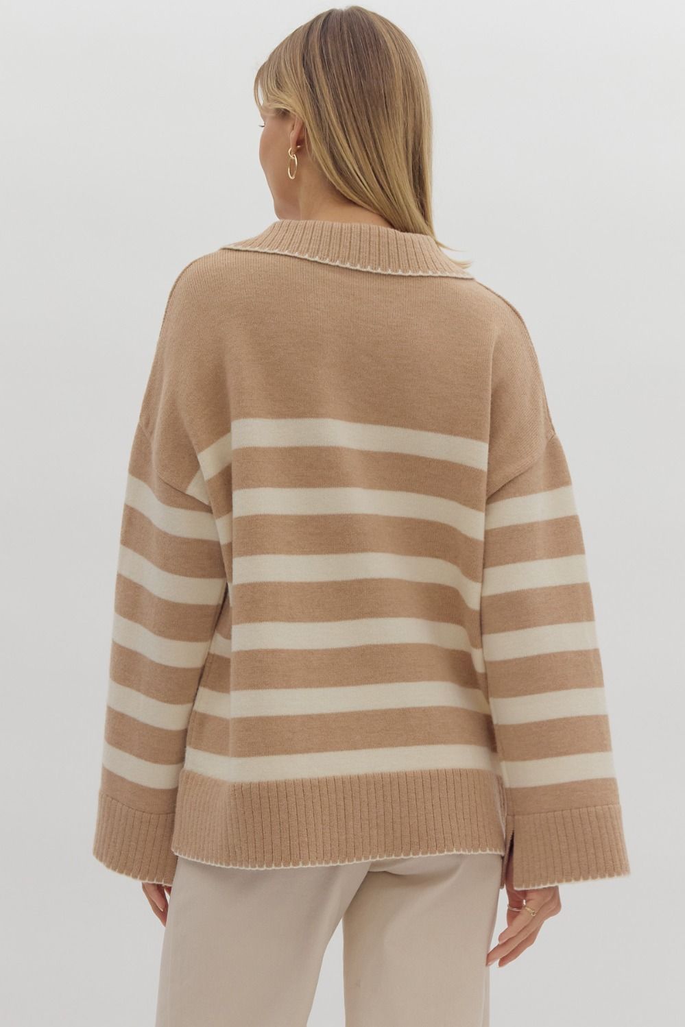 Layla Collared Stripe Long Sleeve V-Neck Contrast Trim Knit Sweater - Taupe