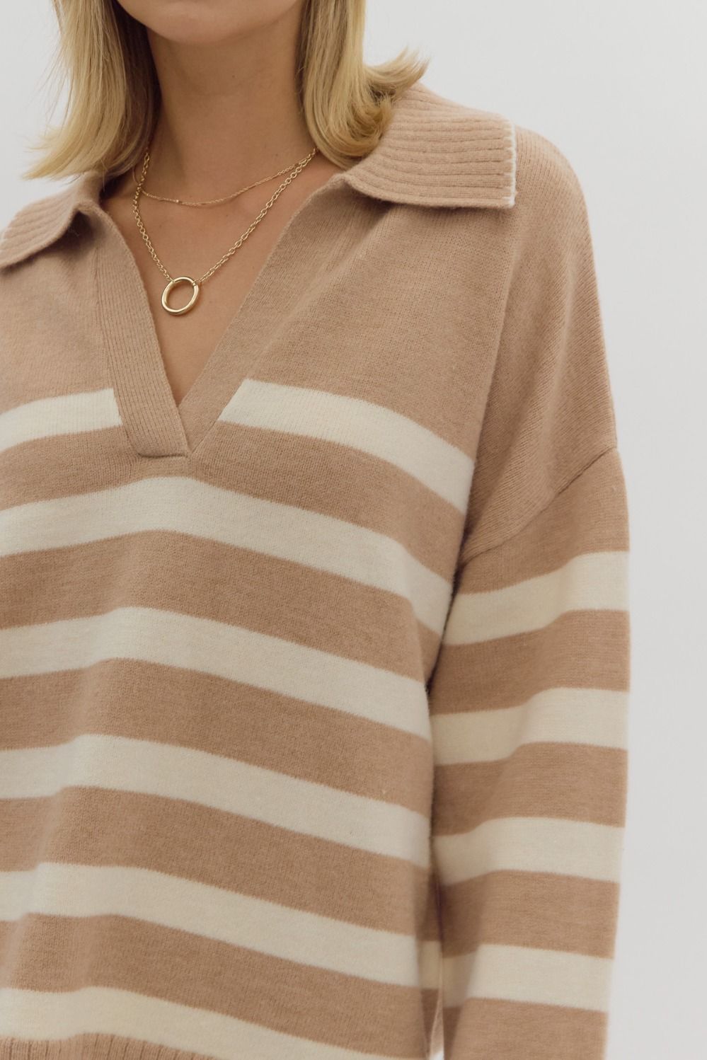 Layla Collared Stripe Long Sleeve V-Neck Contrast Trim Knit Sweater - Taupe