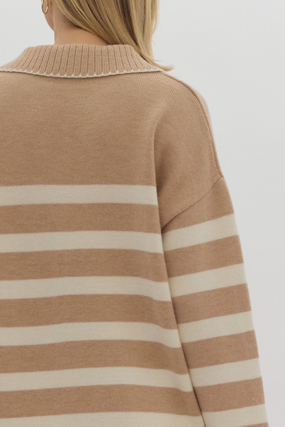 Layla Collared Stripe Long Sleeve V-Neck Contrast Trim Knit Sweater - Taupe