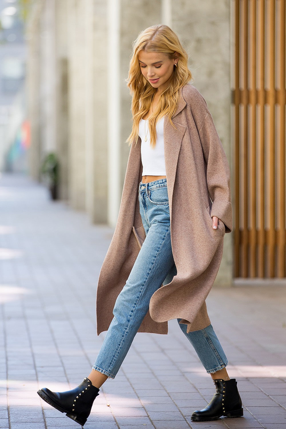 Leah Long Sleeve Heavy Knit Trench Coat - Latte