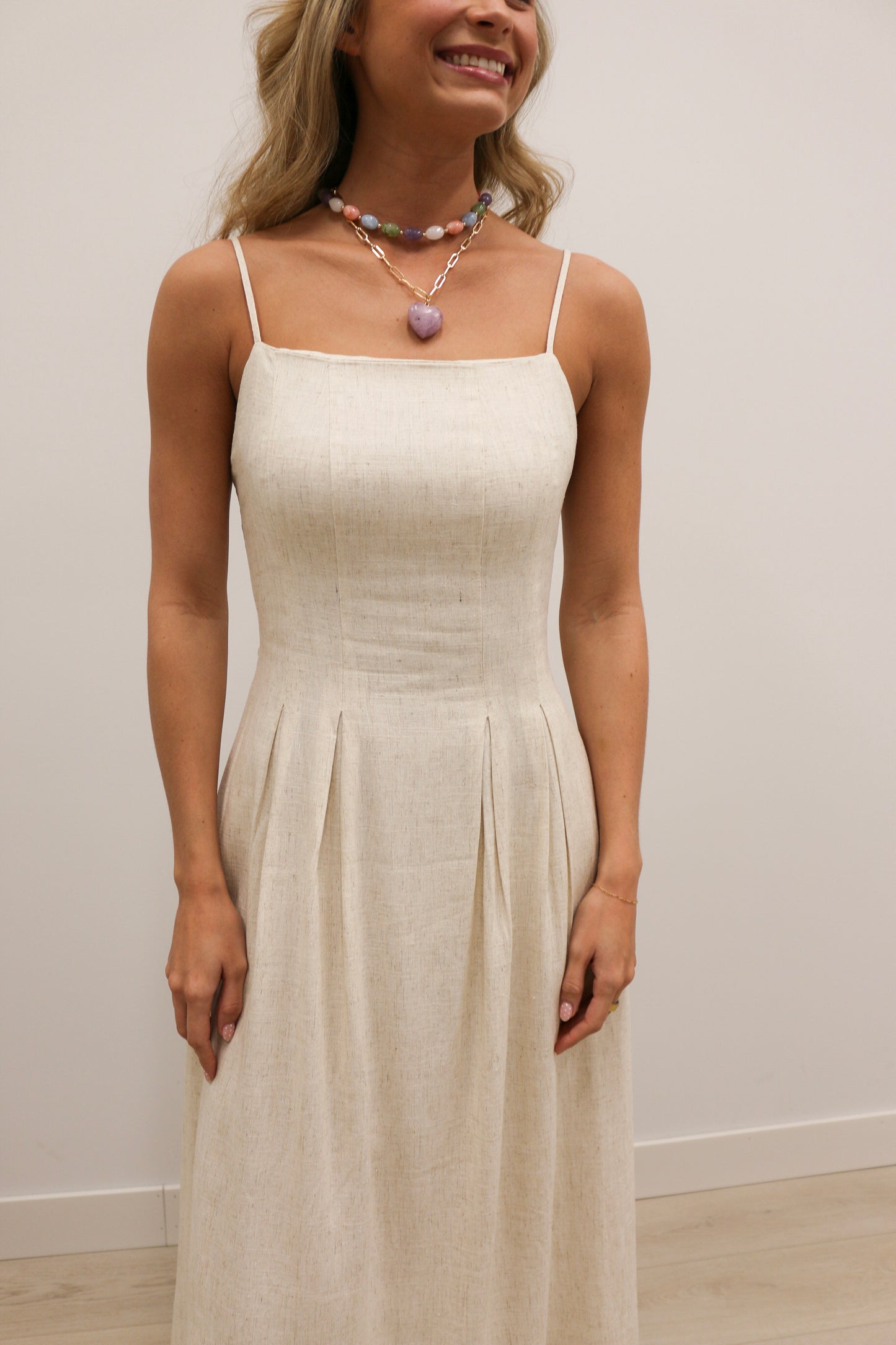 Leia Pleated Tuck Cami Midi Dress - Oatmeal