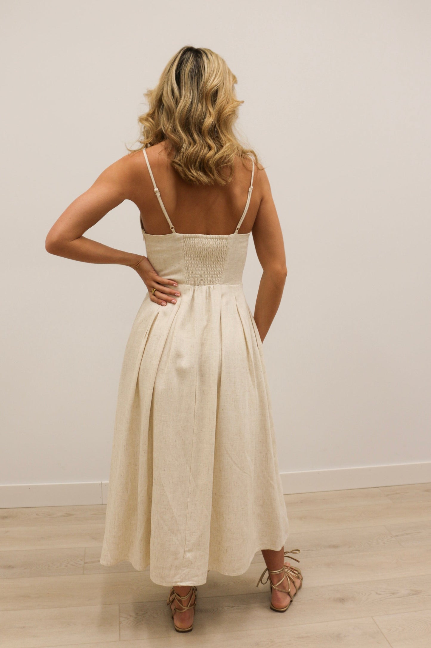 Leia Pleated Tuck Cami Midi Dress - Oatmeal