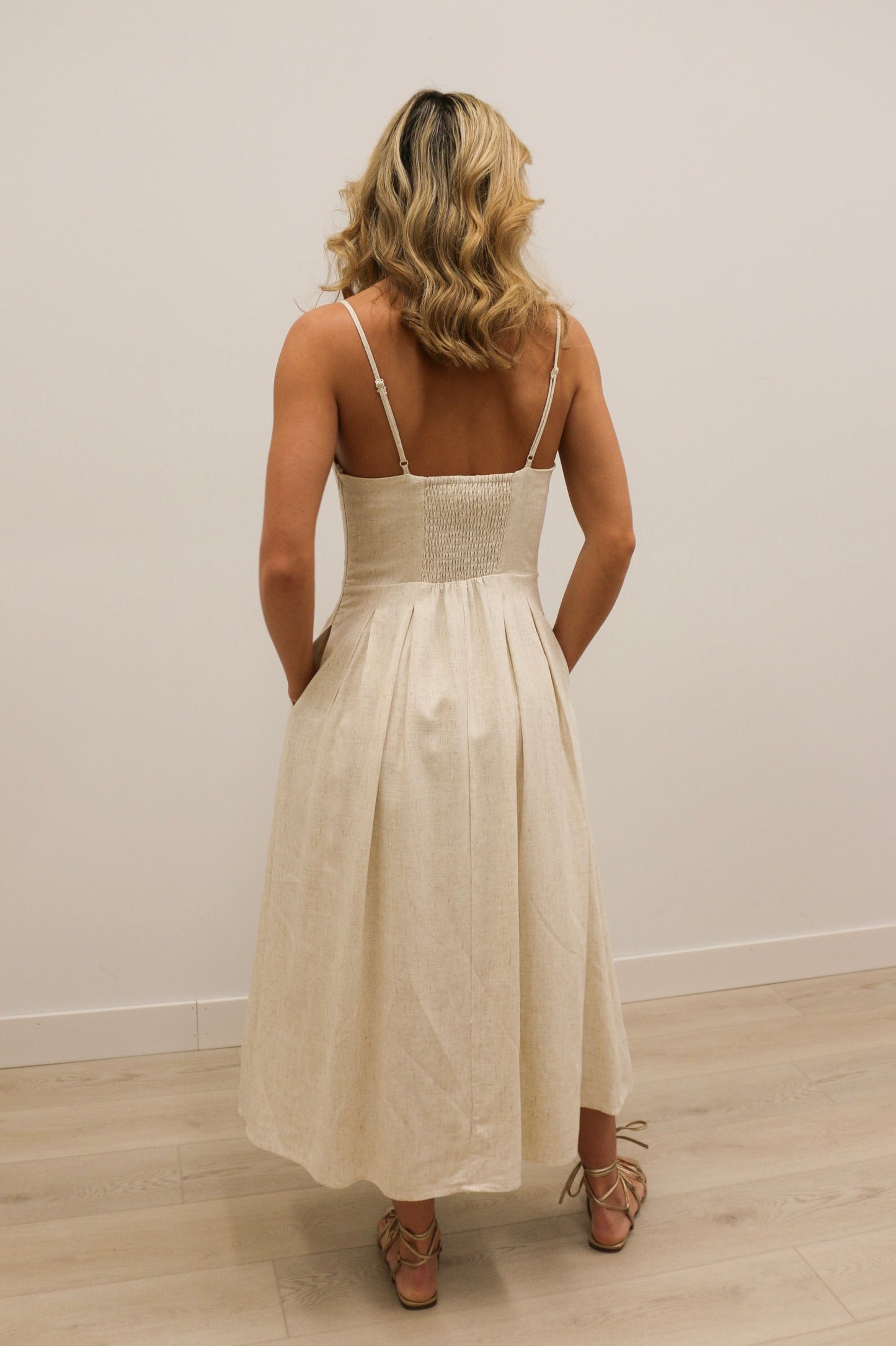 Leia Pleated Tuck Cami Midi Dress - Oatmeal