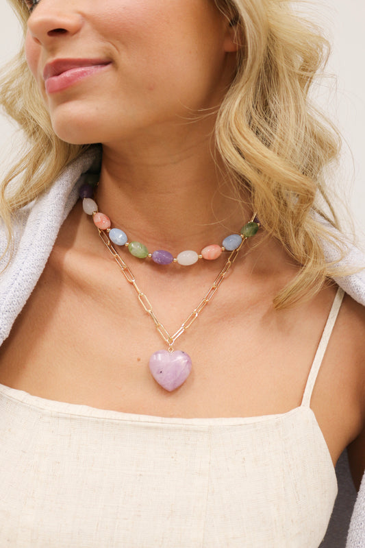 Britain Gold Paperclip Chain Necklace with Stone Heart - Lavender Purple