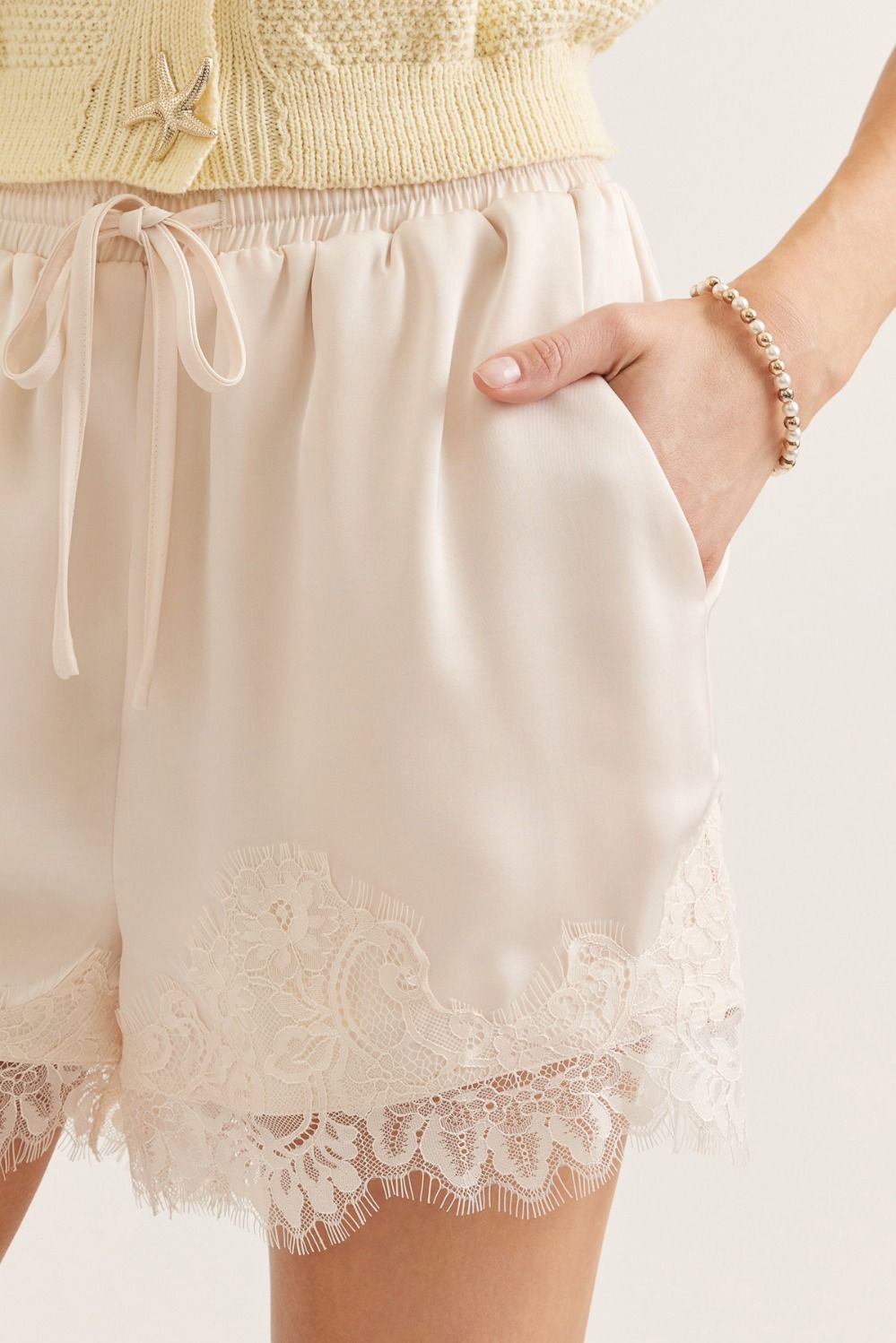 Lena Solid Lace Hem Silky Shorts - Ecru