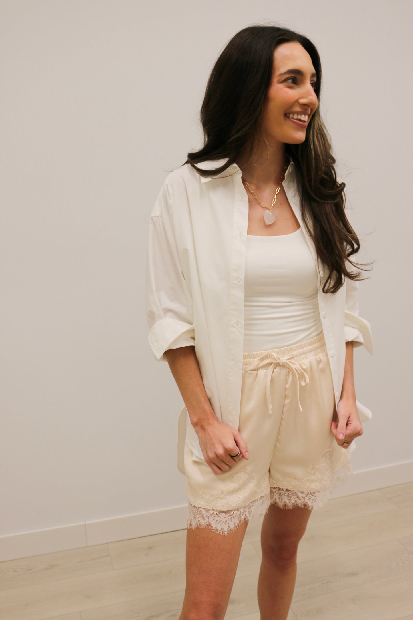 Lena Solid Lace Hem Silky Shorts - Ecru