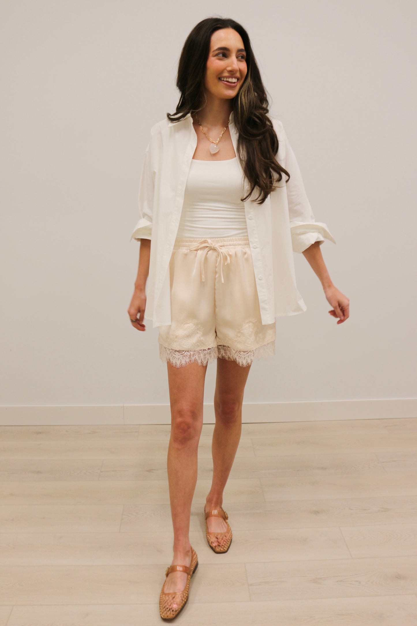 Lena Solid Lace Hem Silky Shorts - Ecru
