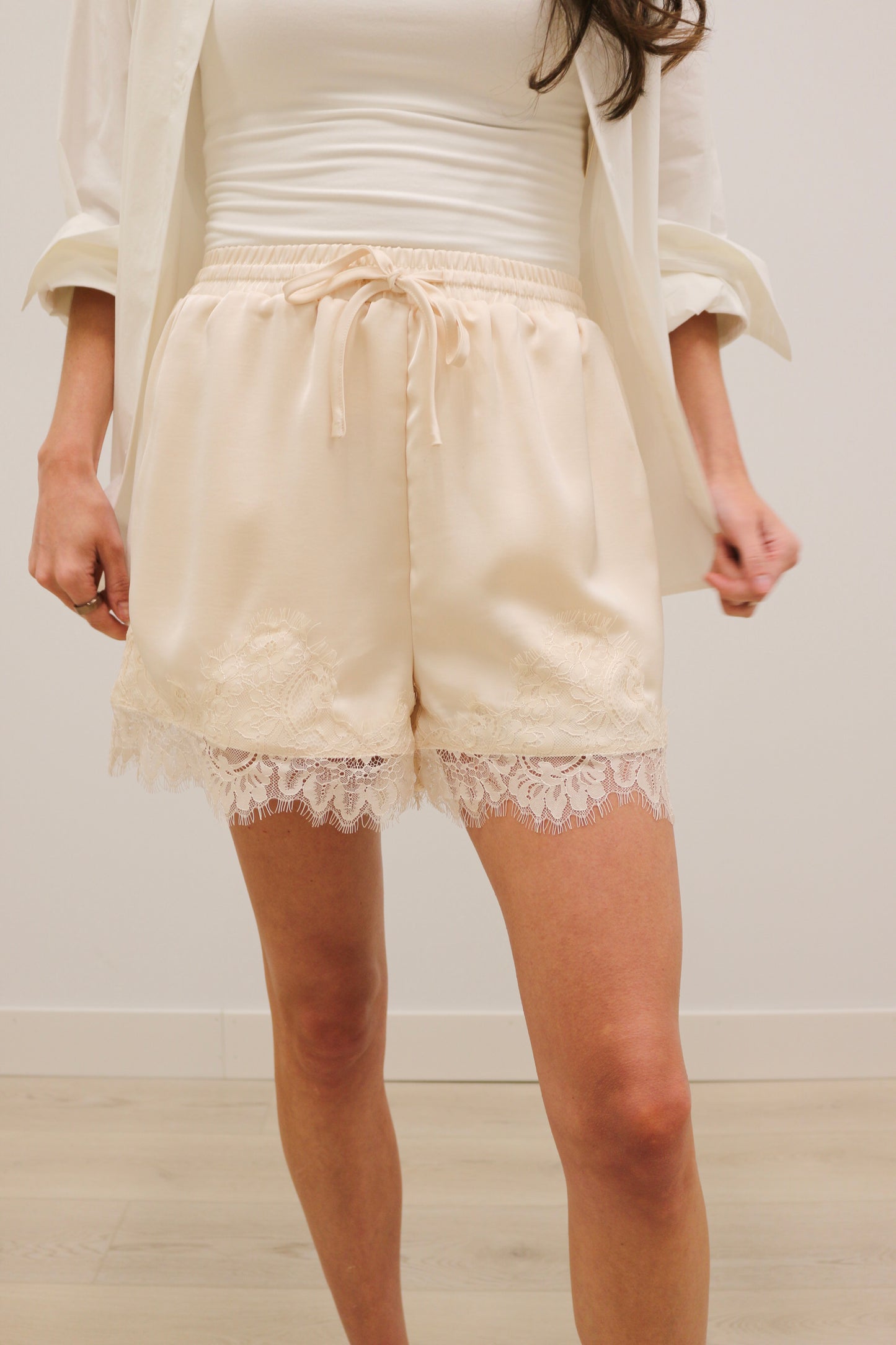 Lena Solid Lace Hem Silky Shorts - Ecru
