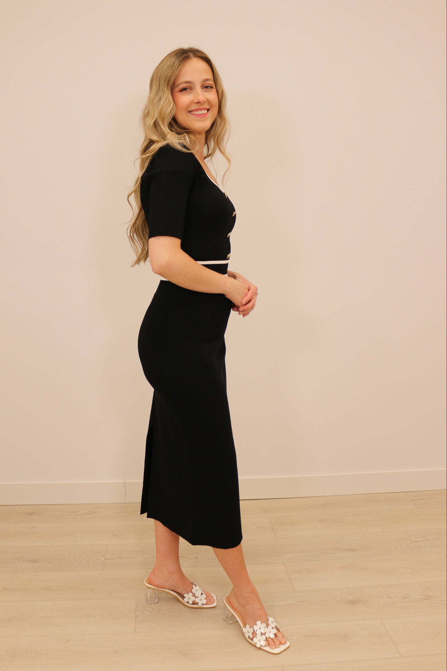 Lenora Square Neckline Gold Button Knit Midi Dress - Black Multi