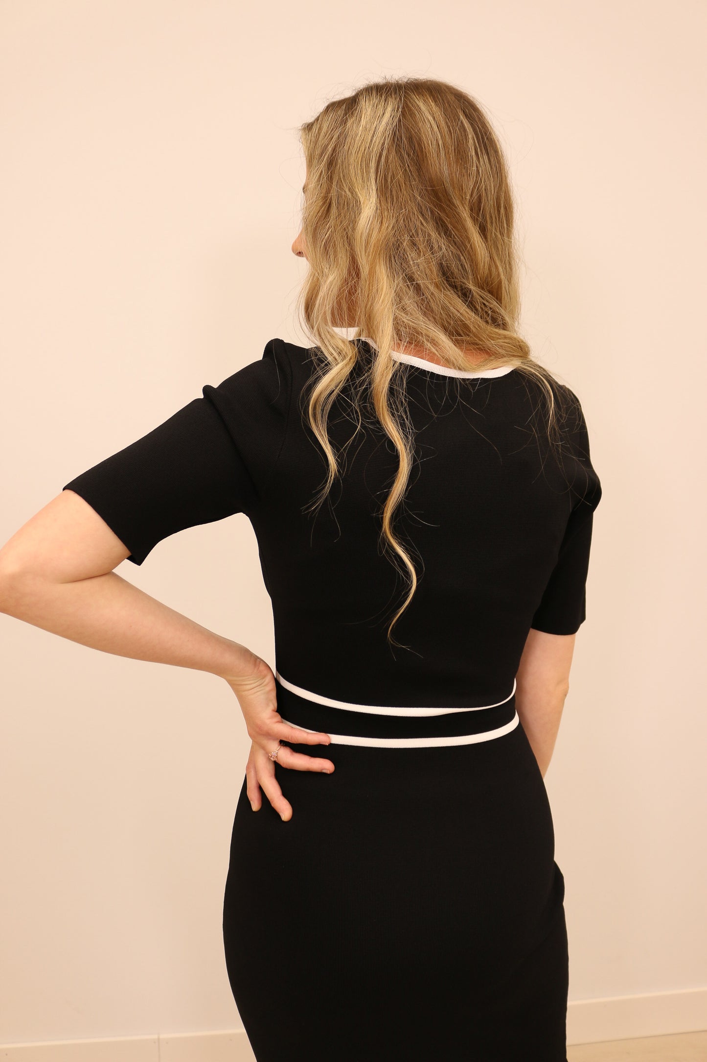 Lenora Square Neckline Gold Button Knit Midi Dress - Black Multi