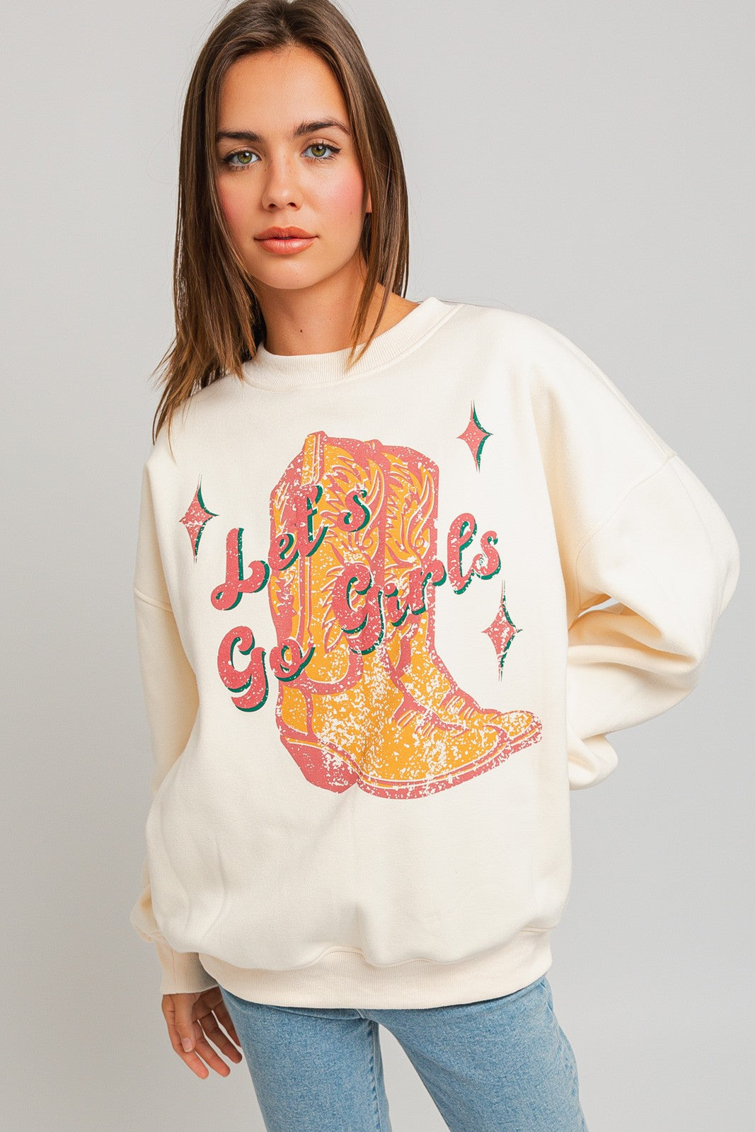 zSALE Let's Go Girls Boot Graphic Crewneck Pullover - Cream Multi