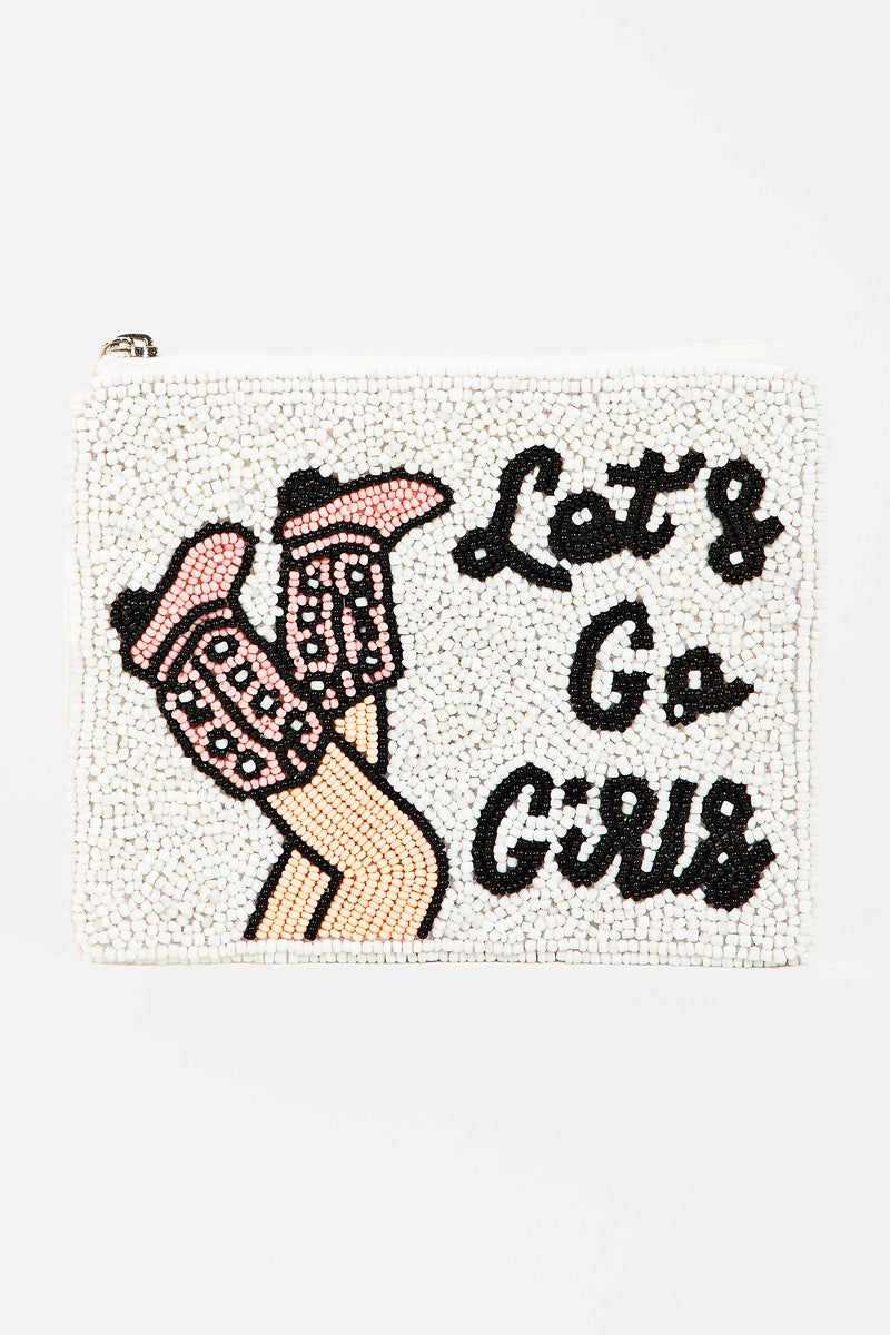 Let's Go Girls Cowgirl Boot Print Seed Beaded Coin Pouch - White Multi