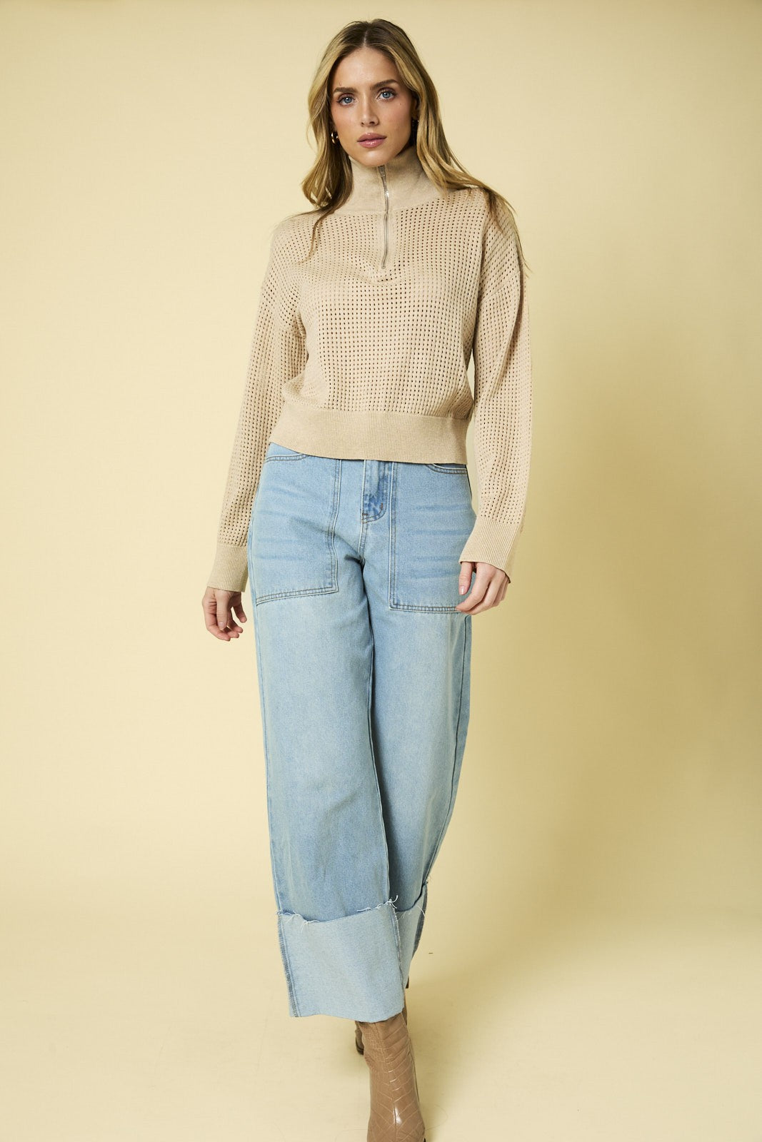 Lia Mock Neck Long Sleeve Zip Up Open Knit Sweater - Oatmeal