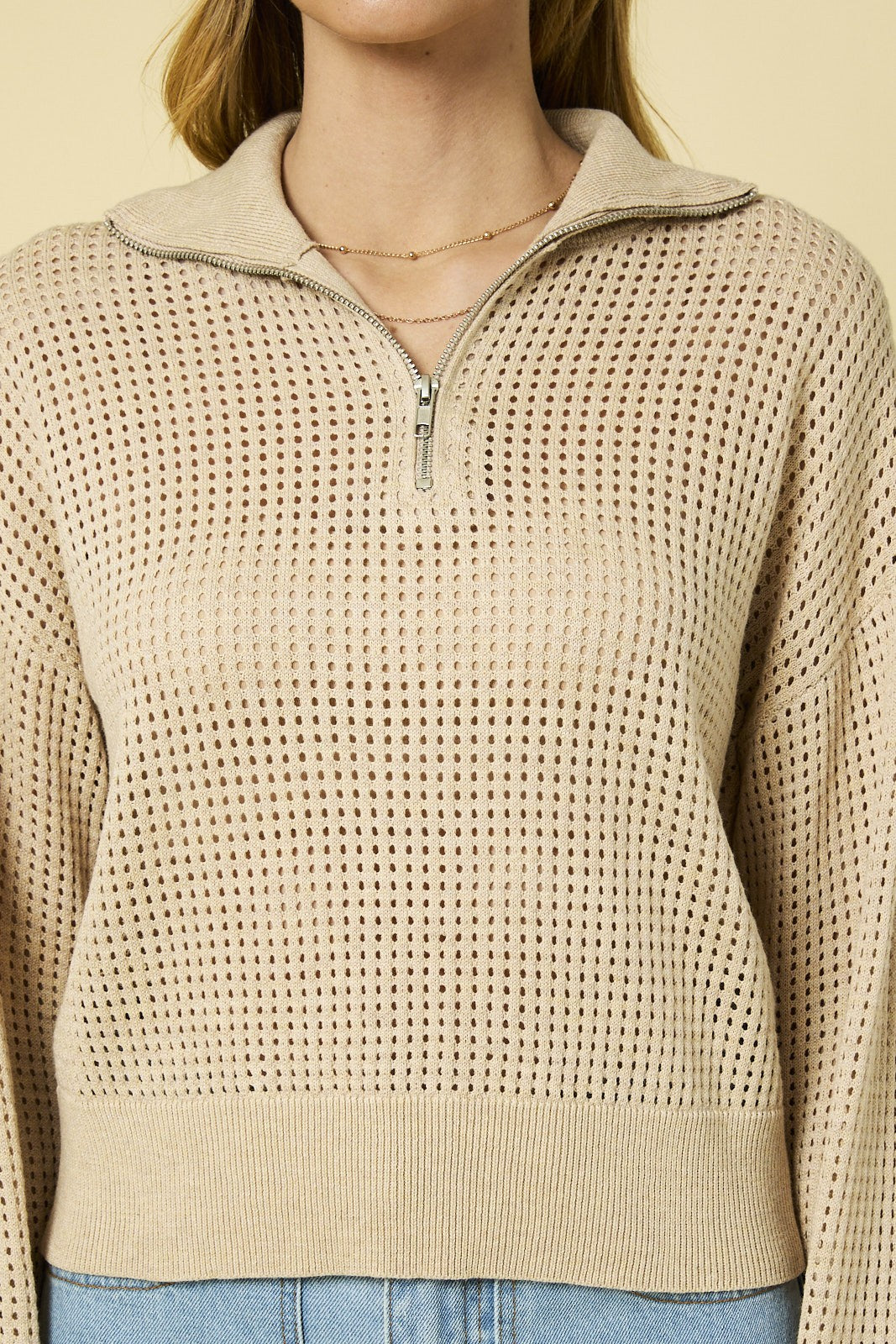 Lia Mock Neck Long Sleeve Zip Up Open Knit Sweater - Oatmeal