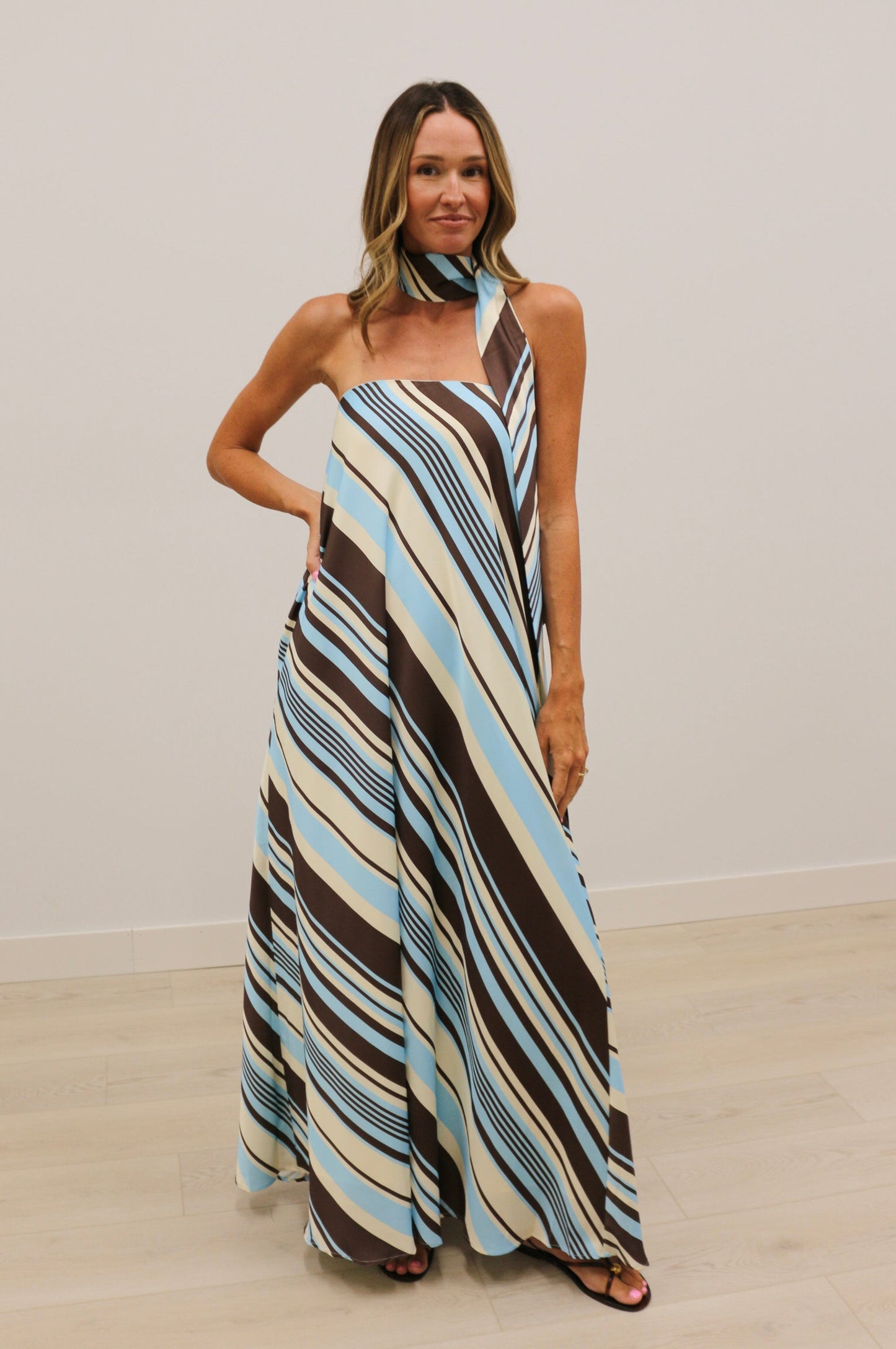 Lilah Strapless Stripe Maxi Dress with Convertible Scarf - Aqua Brown