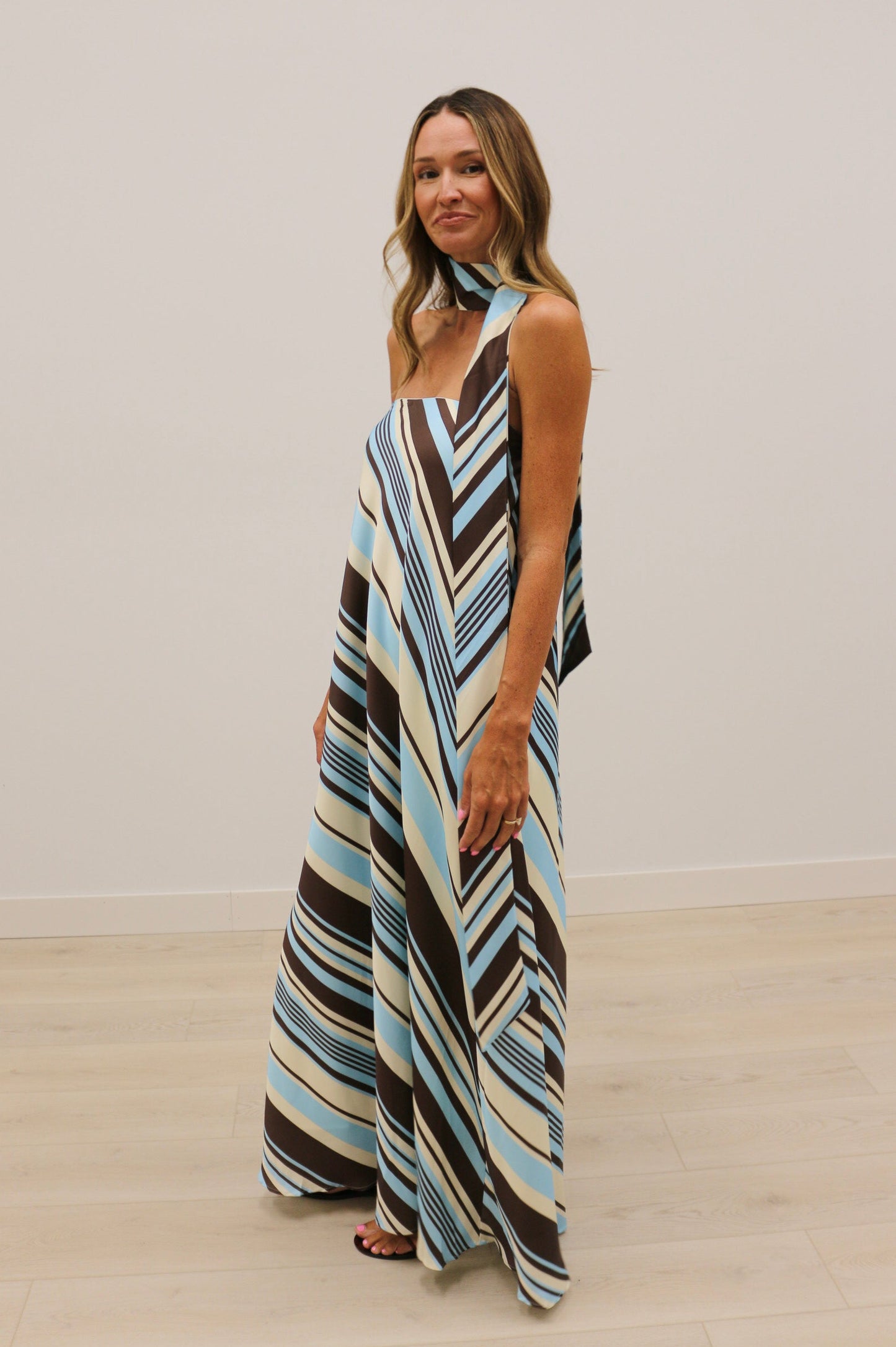 Lilah Strapless Stripe Maxi Dress with Convertible Scarf - Aqua Brown