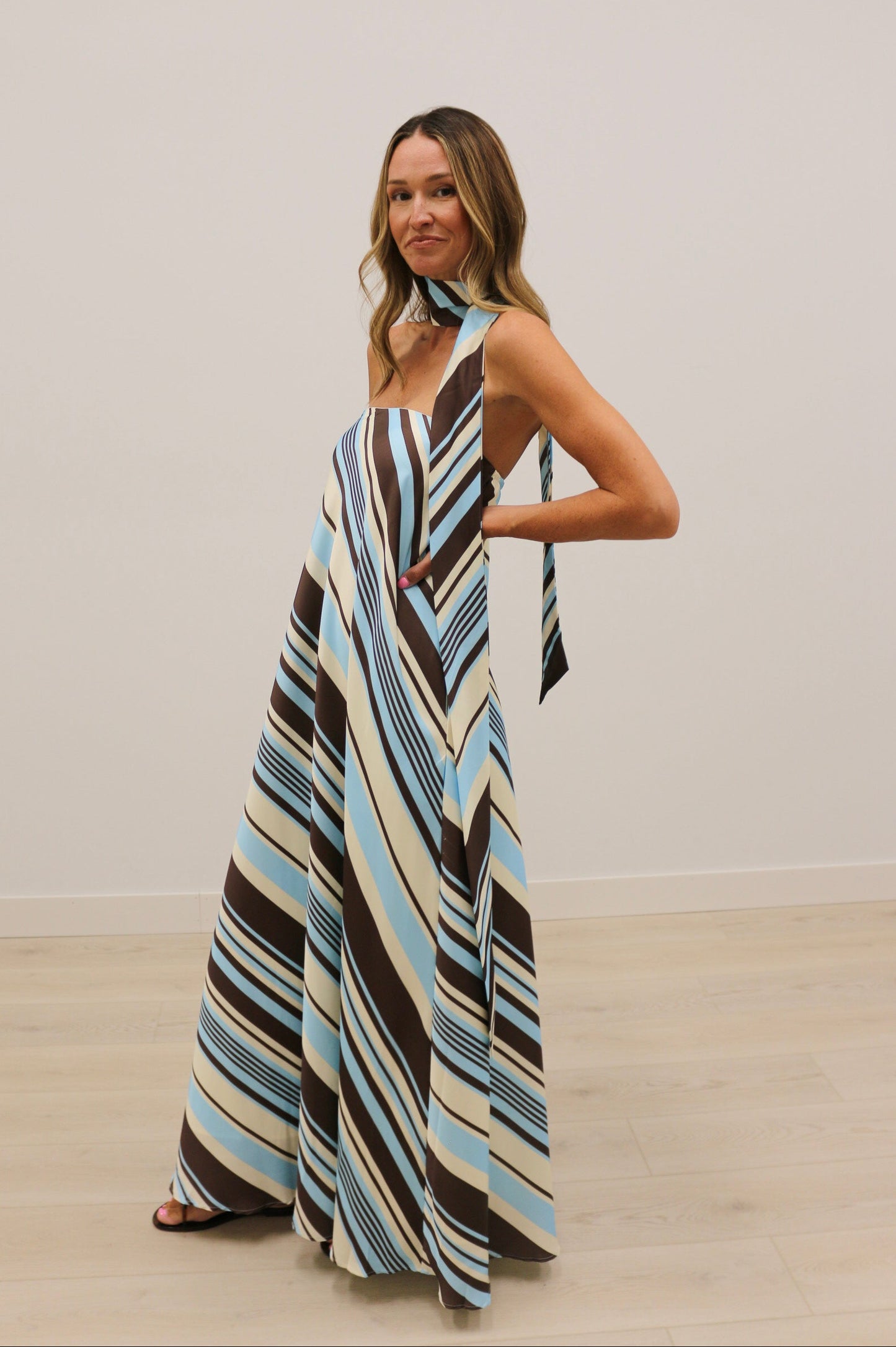 Lilah Strapless Stripe Maxi Dress with Convertible Scarf - Aqua Brown