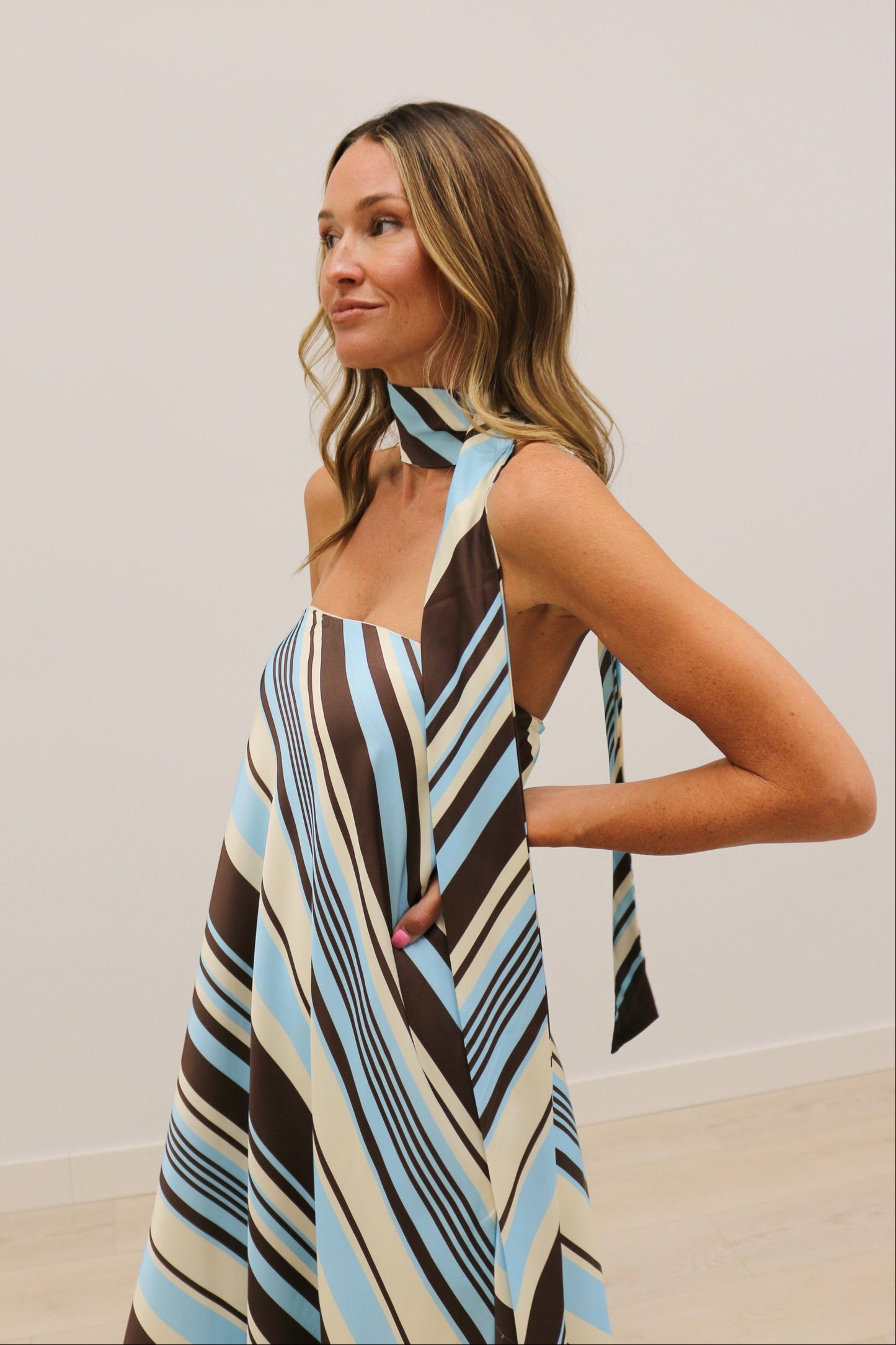 Lilah Strapless Stripe Maxi Dress with Convertible Scarf - Aqua Brown