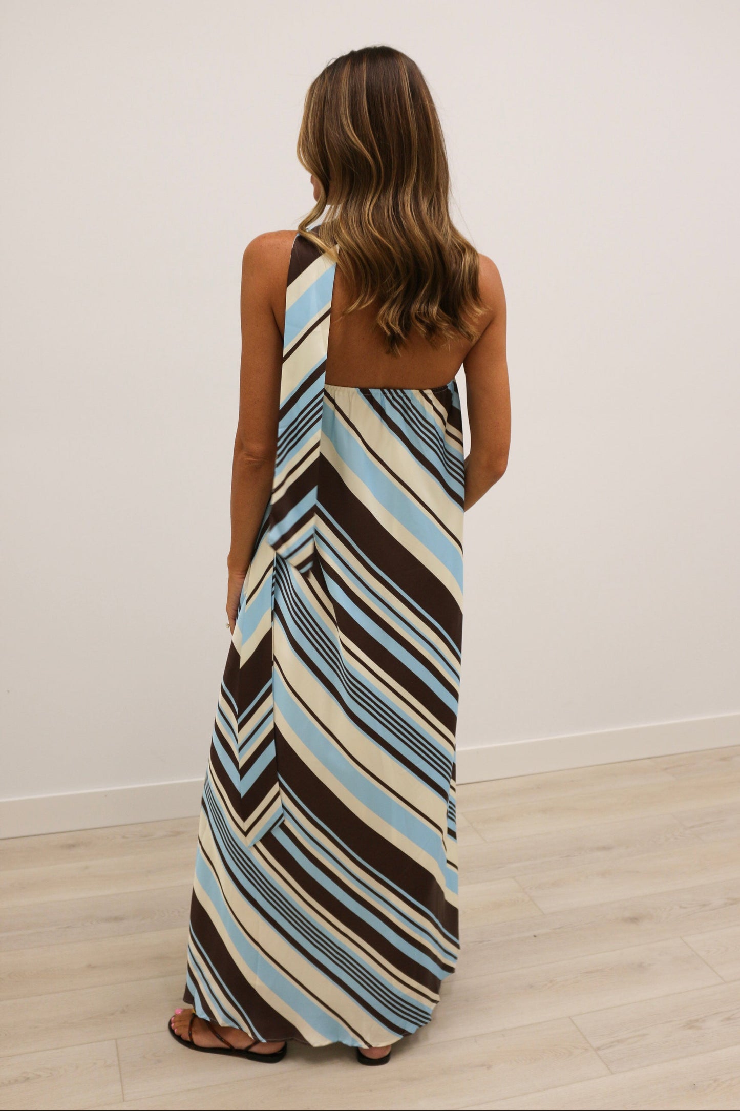 Lilah Strapless Stripe Maxi Dress with Convertible Scarf - Aqua Brown