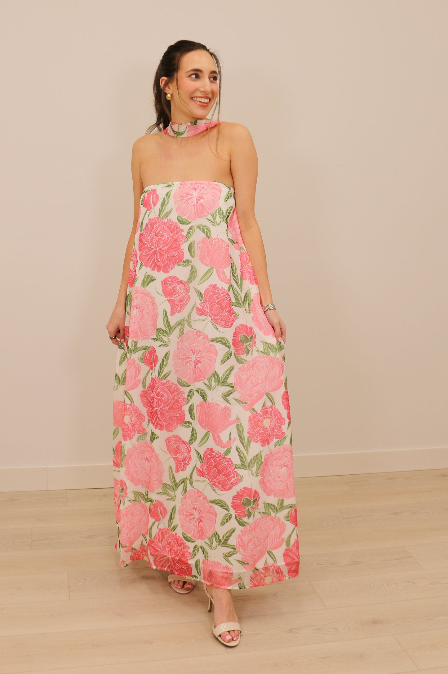 Lilah Strapless Floral Print Maxi Dress with Convertible Scarf - Pink Multi