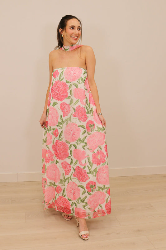 Lilah Strapless Floral Print Maxi Dress with Convertible Scarf - Pink Multi