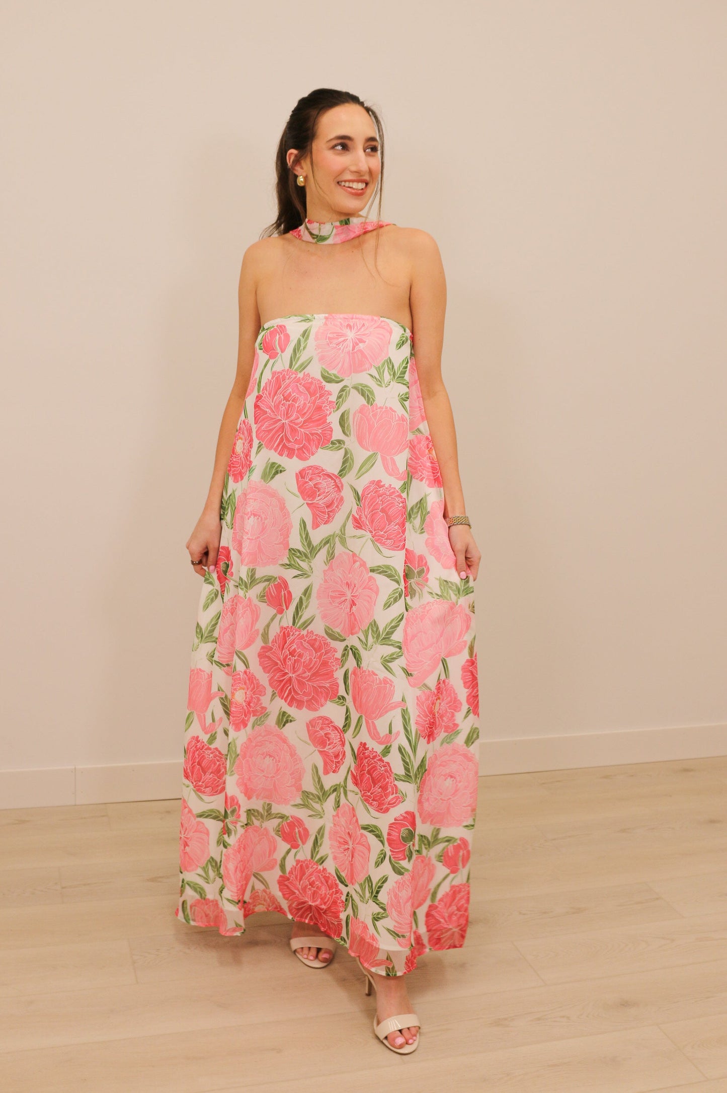 Lilah Strapless Floral Print Maxi Dress with Convertible Scarf - Pink Multi