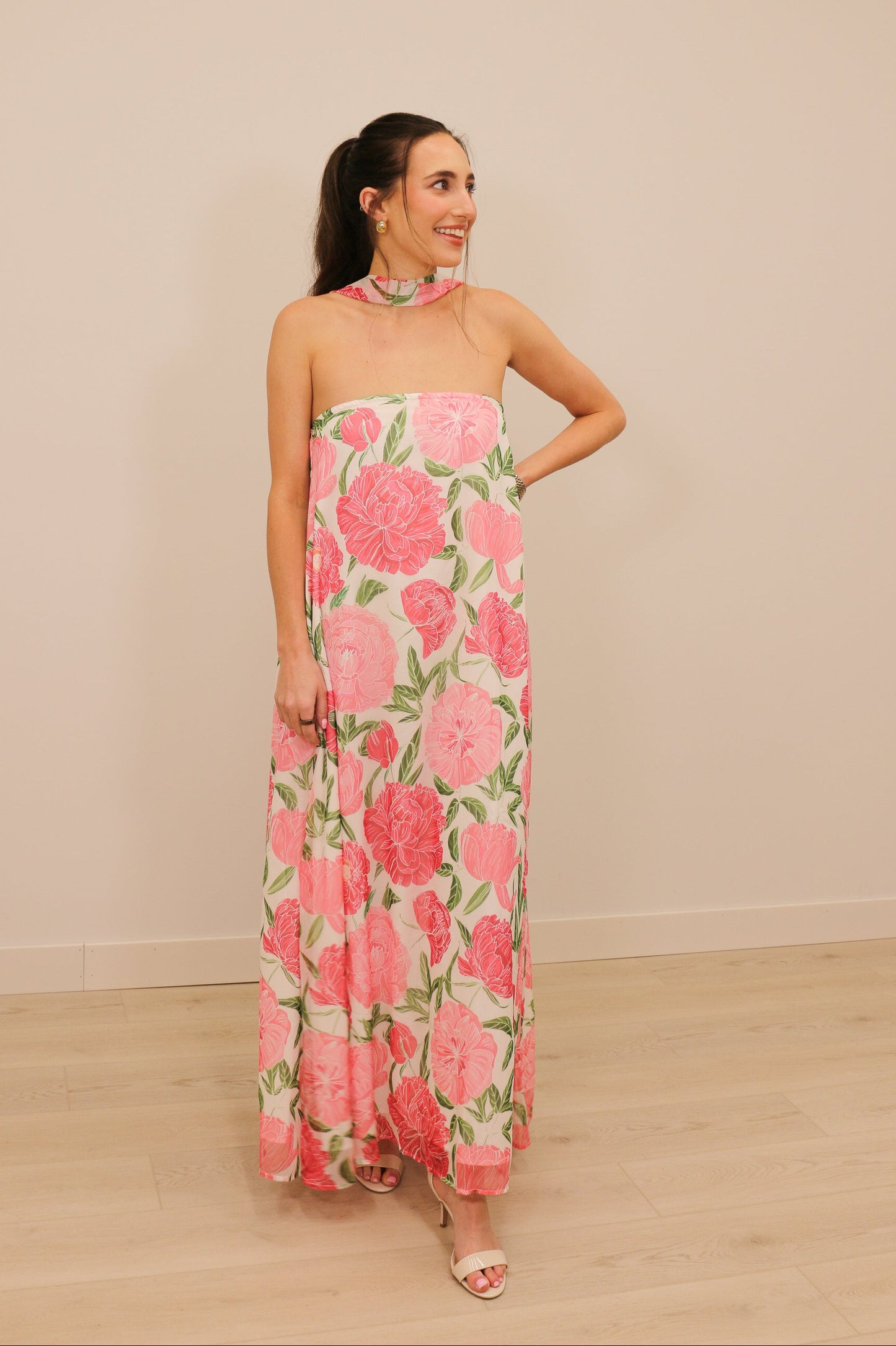 Lilah Strapless Floral Print Maxi Dress with Convertible Scarf - Pink Multi