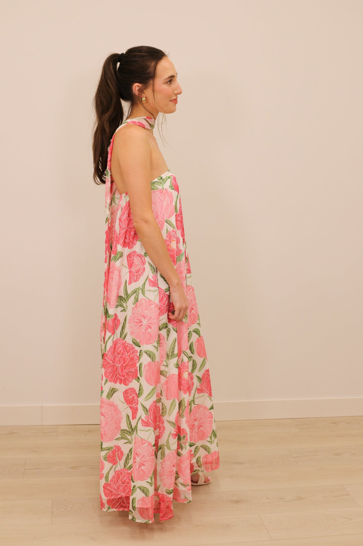 Lilah Strapless Floral Print Maxi Dress with Convertible Scarf - Pink Multi