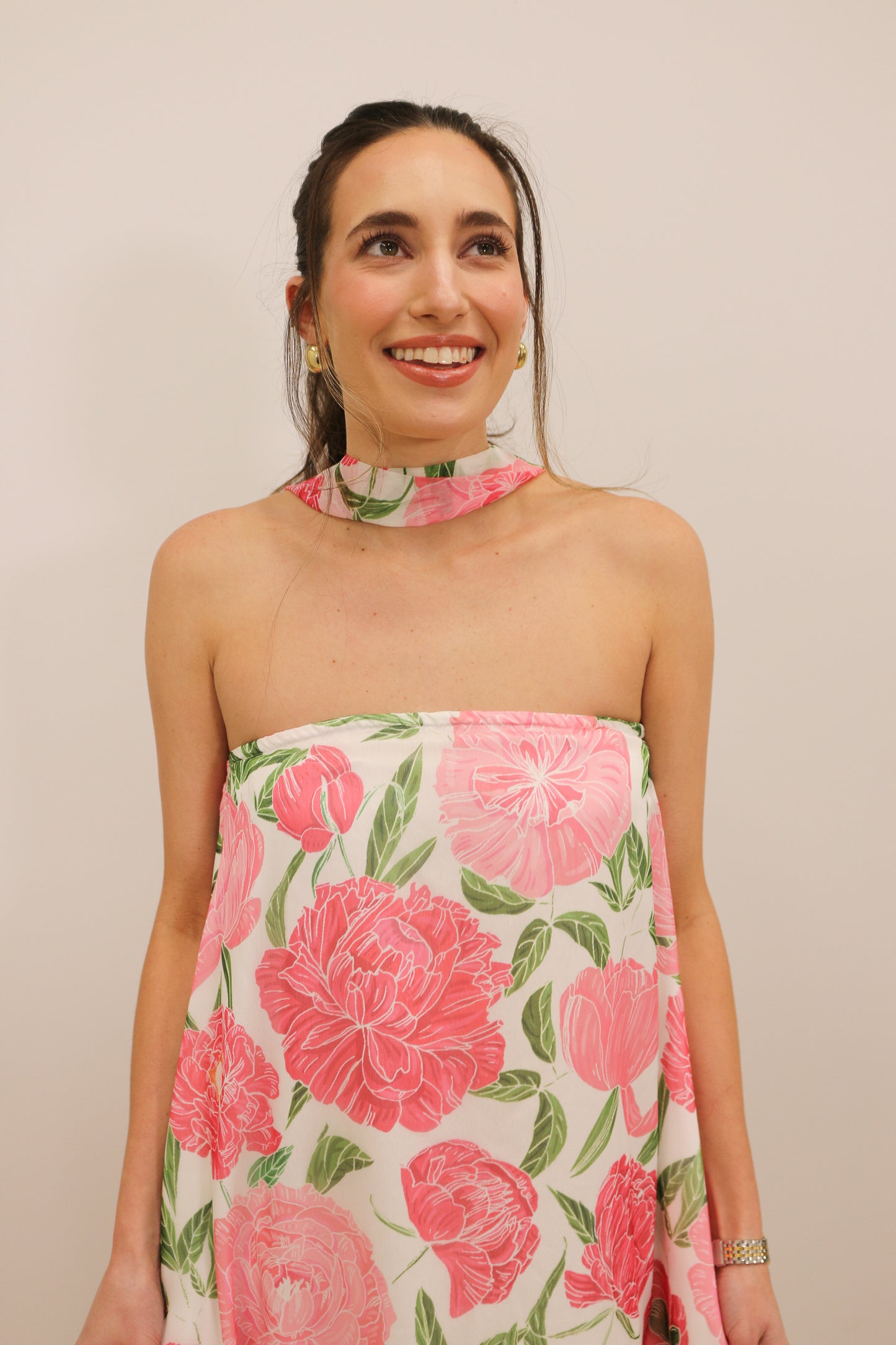 Lilah Strapless Floral Print Maxi Dress with Convertible Scarf - Pink Multi