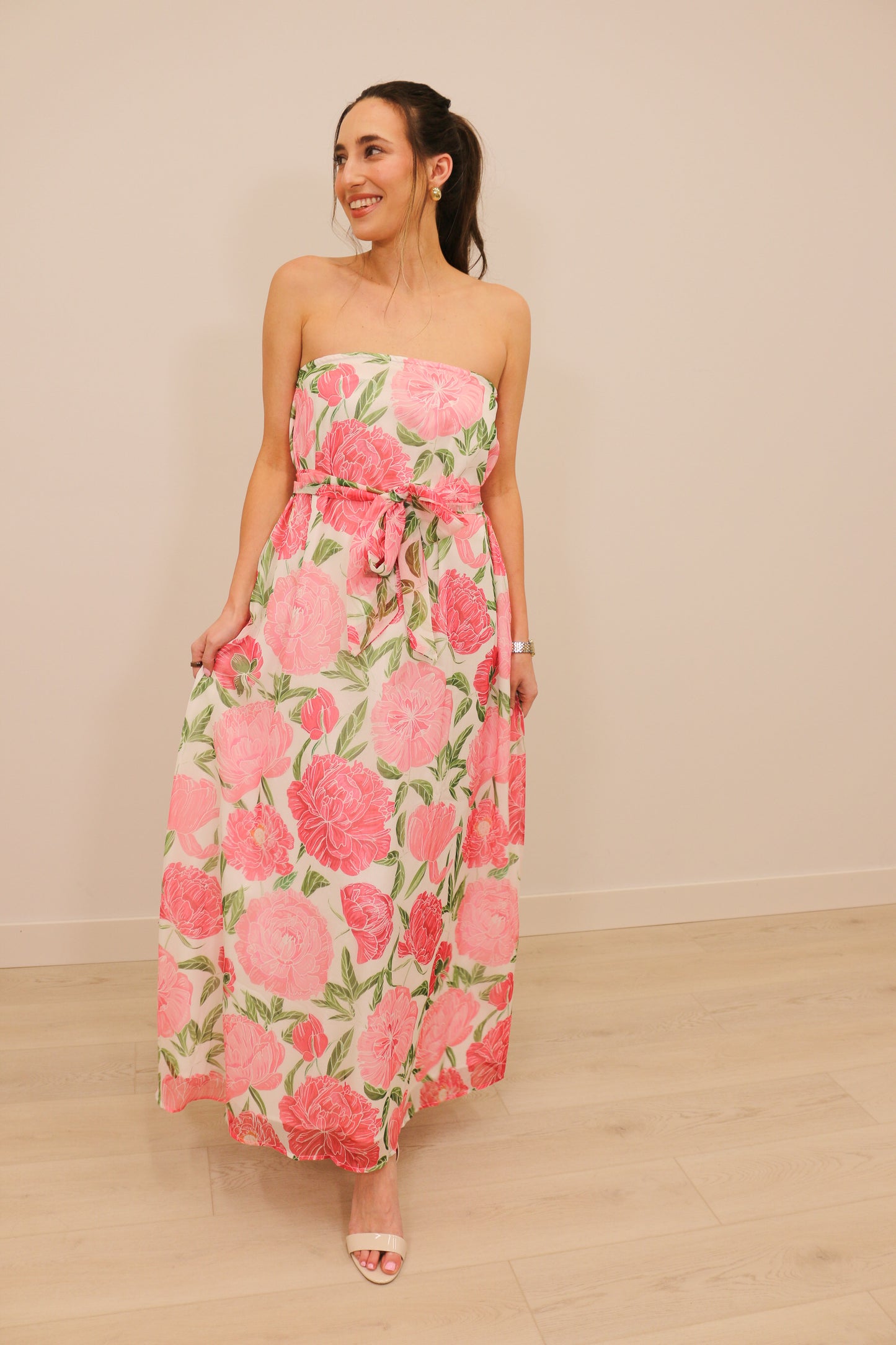 Lilah Strapless Floral Print Maxi Dress with Convertible Scarf - Pink Multi