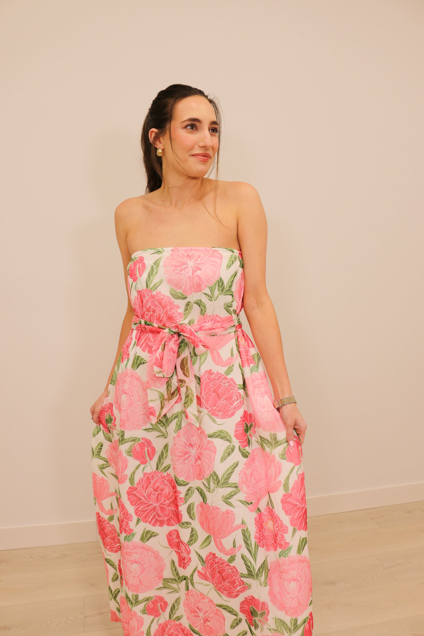 Lilah Strapless Floral Print Maxi Dress with Convertible Scarf - Pink Multi
