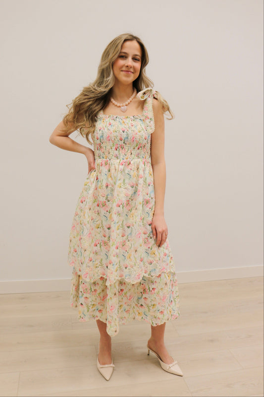 Lisette Embroidered Floral Tie Shoulder Tiered Midi Dress - Pastel Multi