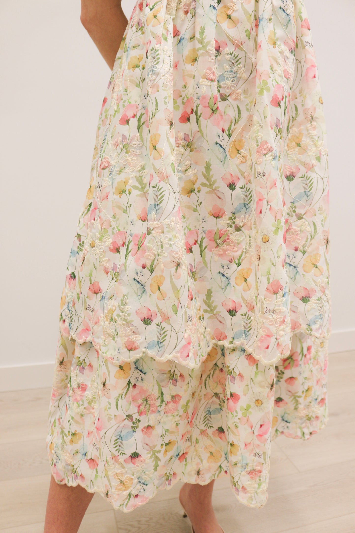 Lisette Embroidered Floral Tie Shoulder Tiered Midi Dress - Pastel Multi