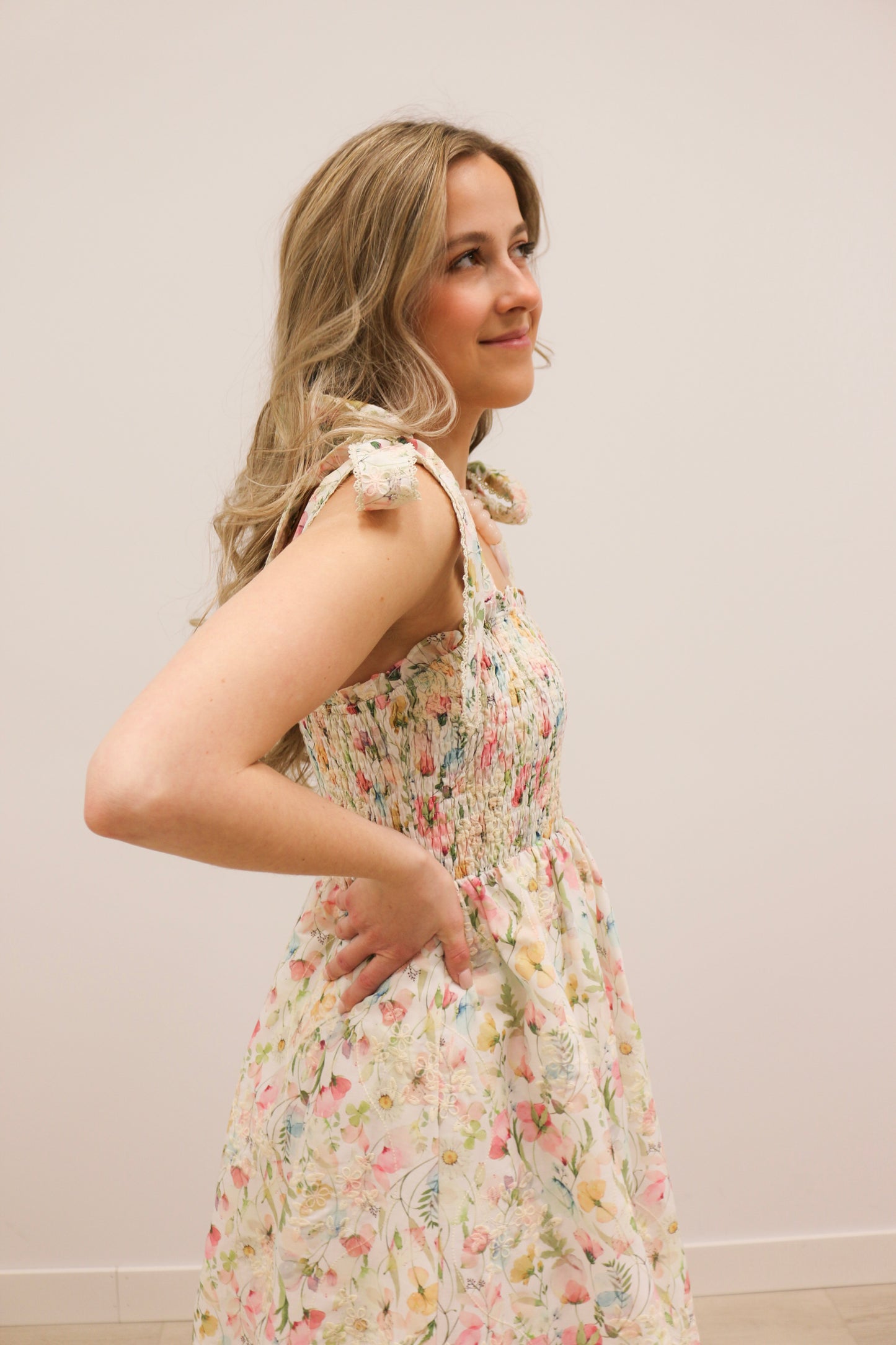 Lisette Embroidered Floral Tie Shoulder Tiered Midi Dress - Pastel Multi