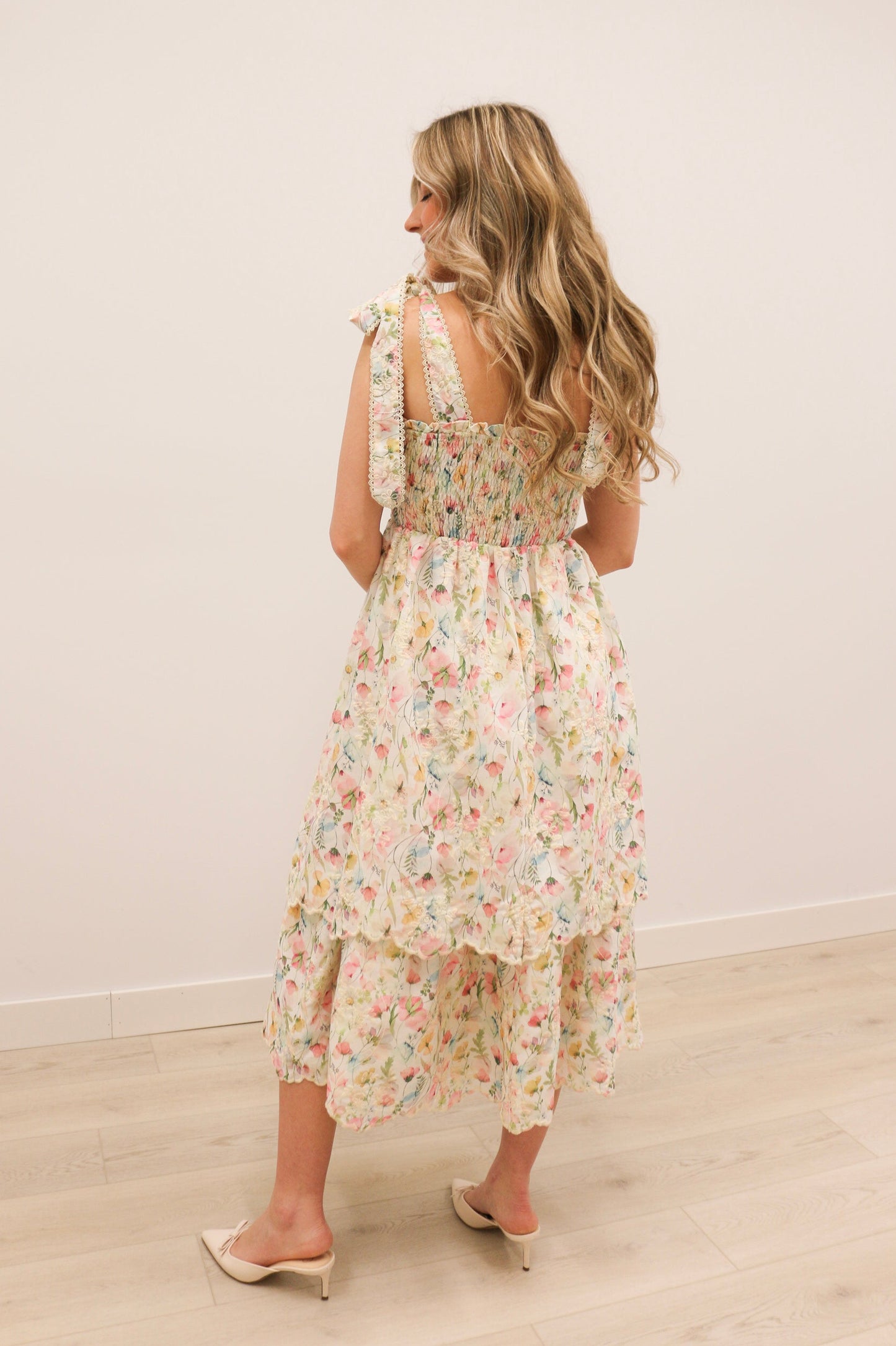 Lisette Embroidered Floral Tie Shoulder Tiered Midi Dress - Pastel Multi