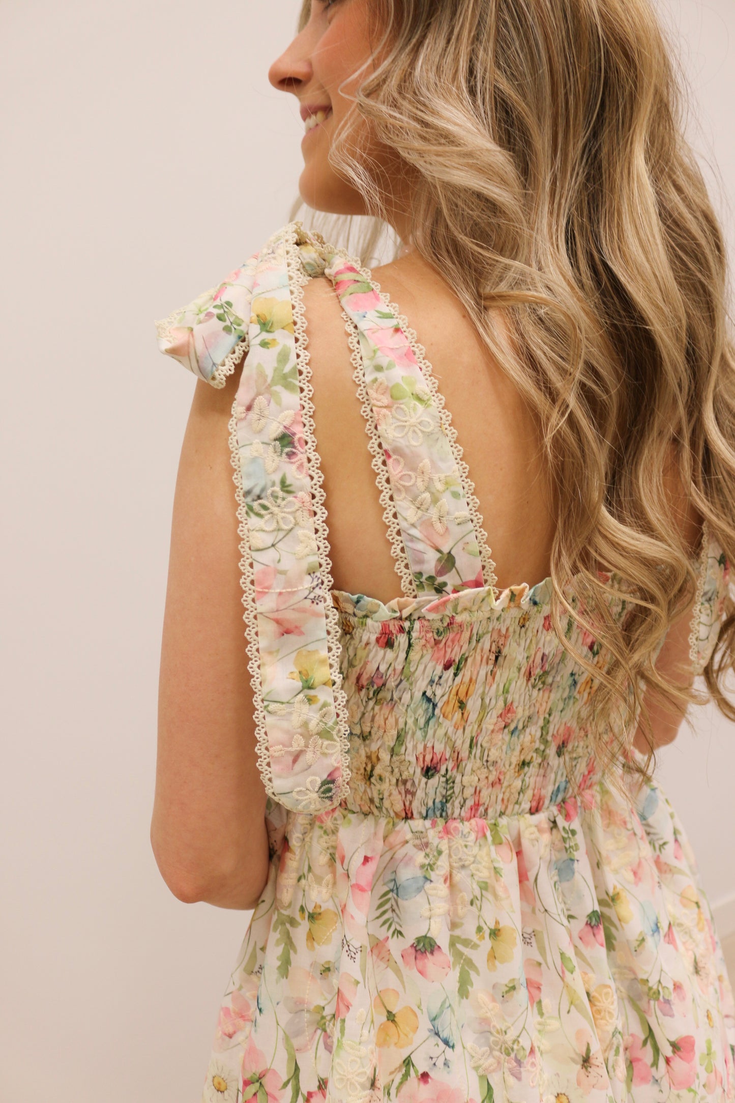 Lisette Embroidered Floral Tie Shoulder Tiered Midi Dress - Pastel Multi