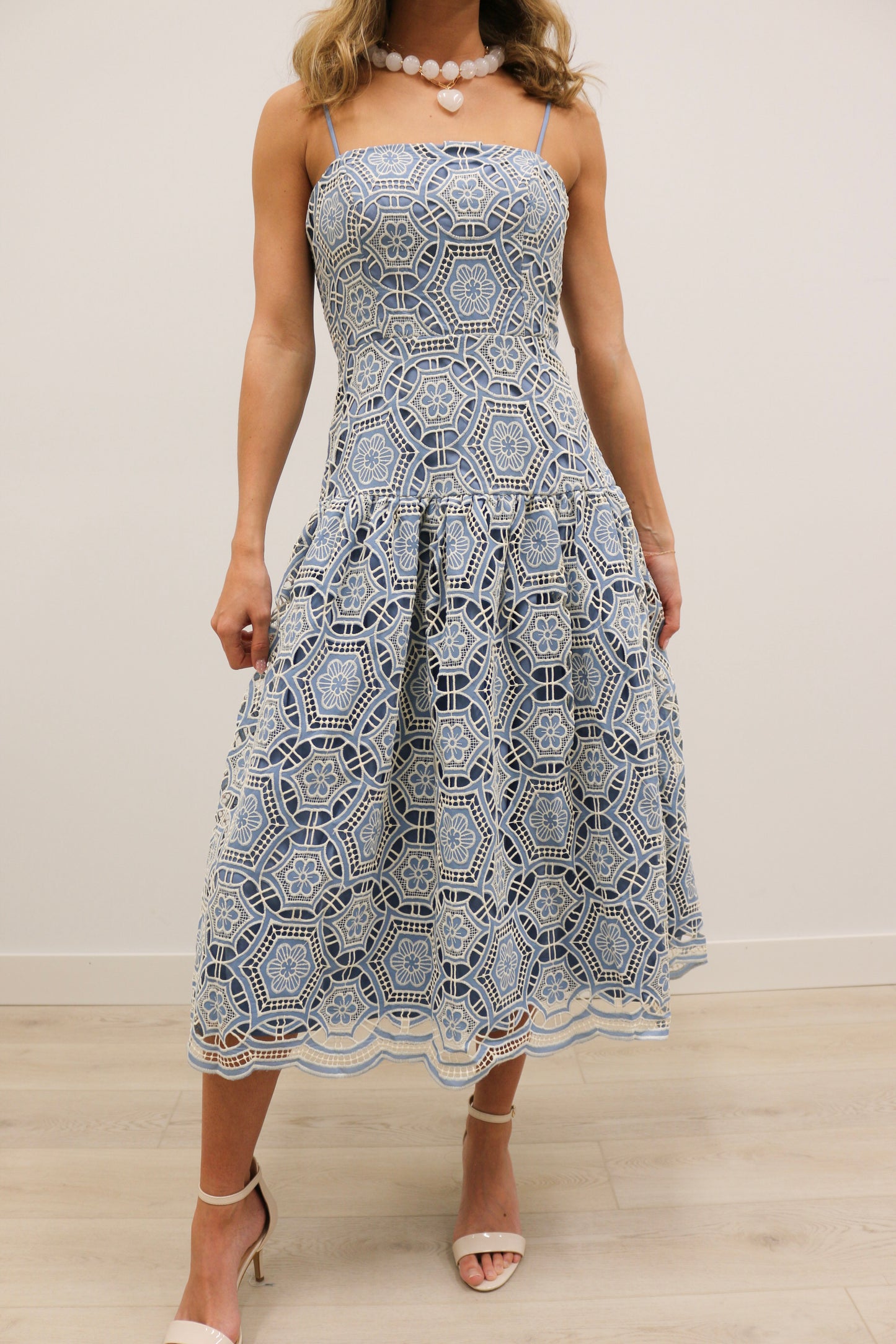 Livi Embroidered Cut Out Floral Print Cami Midi Dress - Blue Multi