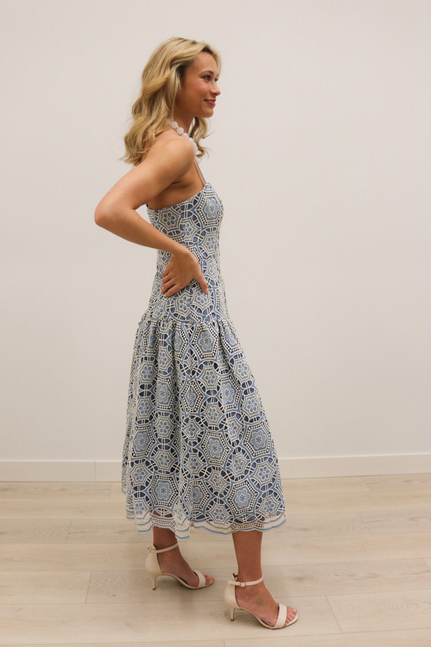 Livi Embroidered Cut Out Floral Print Cami Midi Dress - Blue Multi