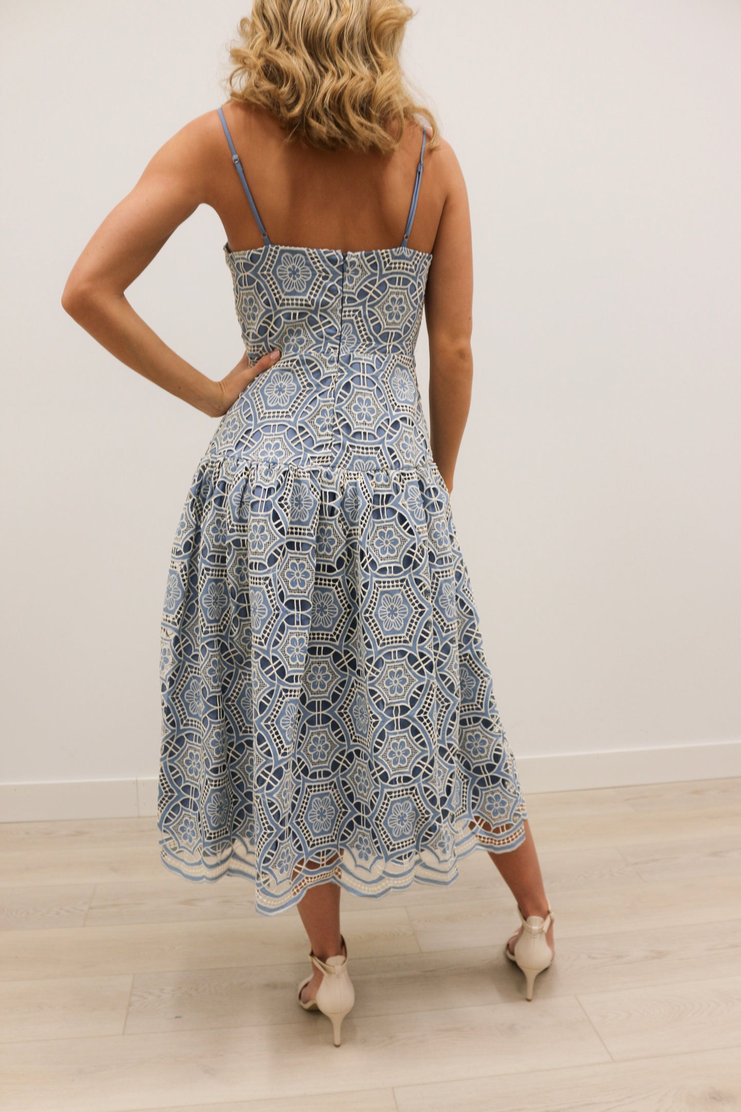 Livi Embroidered Cut Out Floral Print Cami Midi Dress - Blue Multi