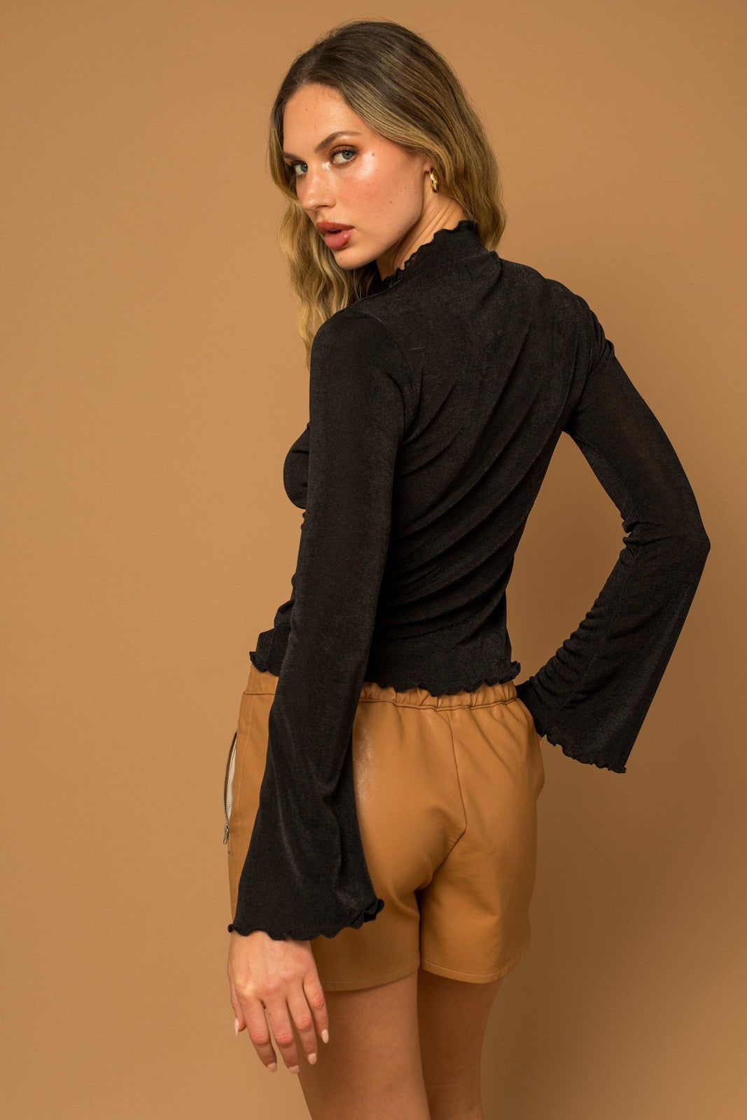 Mallory Merrow Hem Long Bell Sleeve Ribbed Top - Black