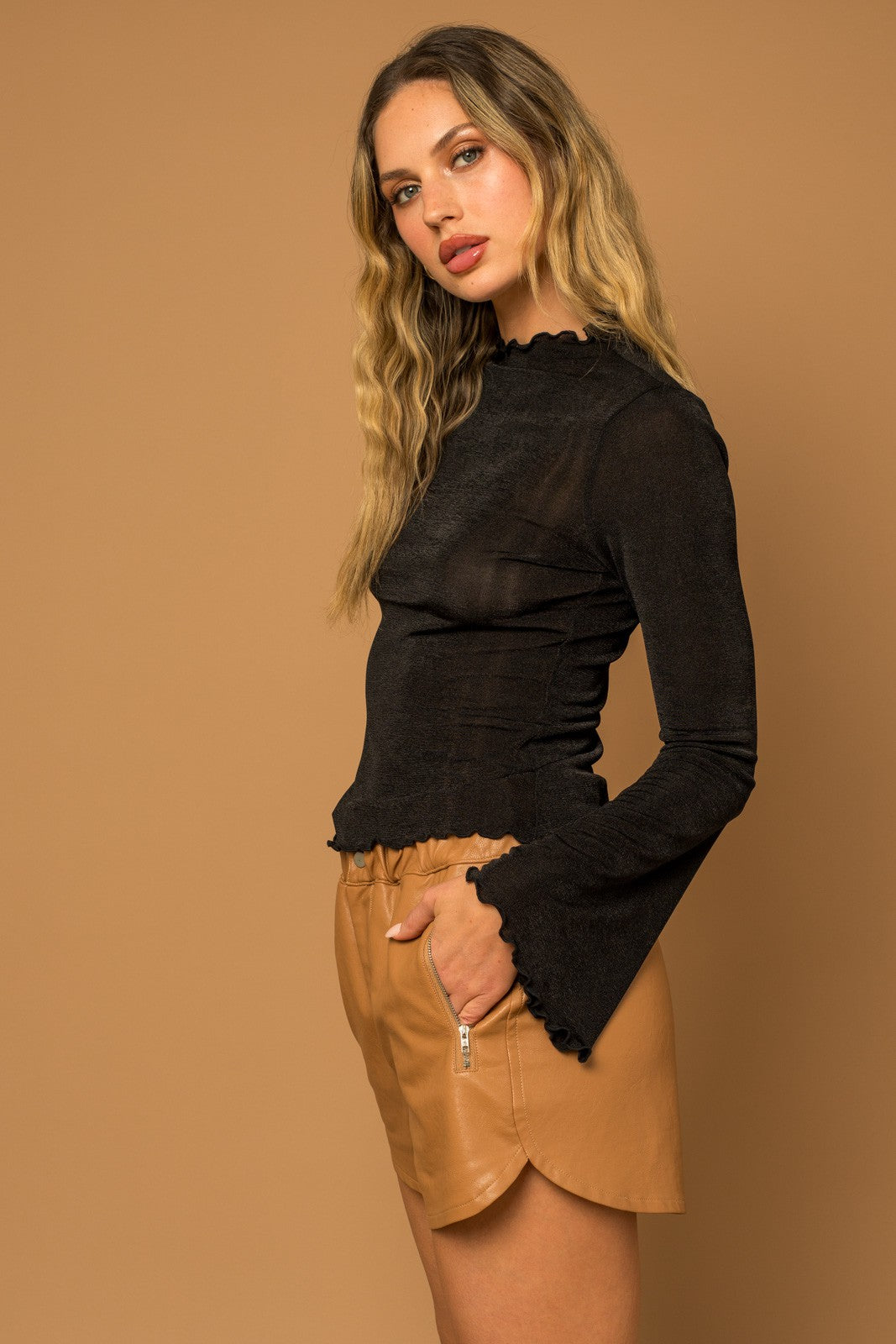 Mallory Merrow Hem Long Bell Sleeve Ribbed Top - Black