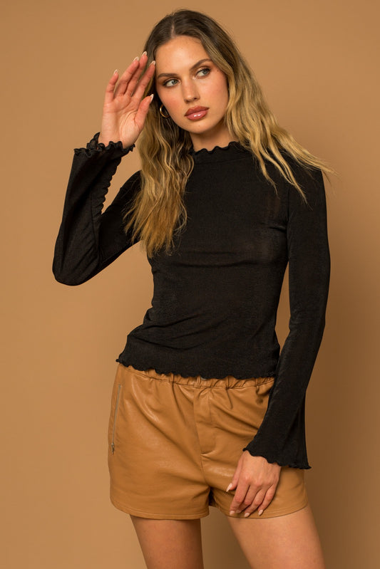zSALE Merrow Hem Long Bell Sleeve Ribbed Top - Black